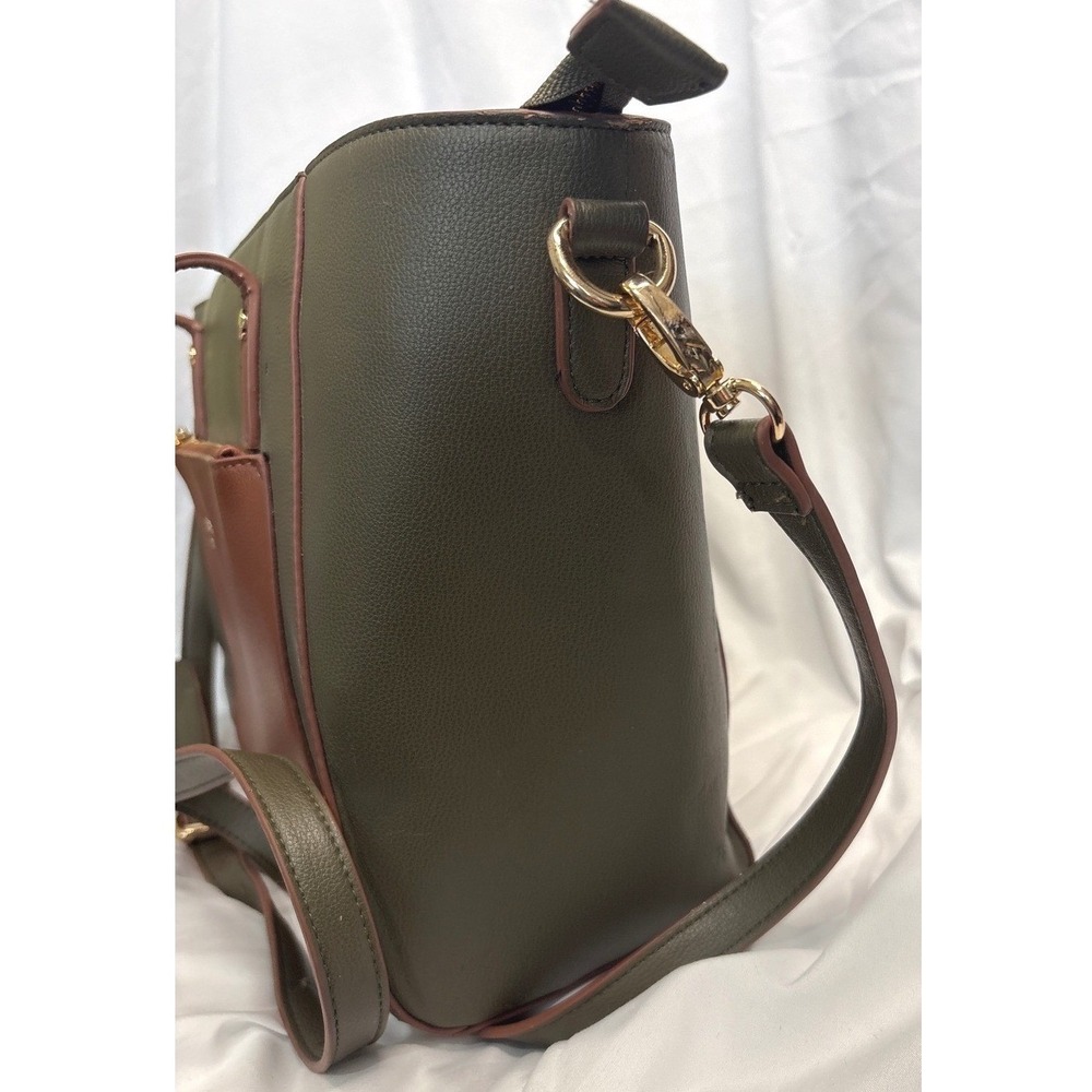 Dune London Olive Green Tan Colorblock Faux Leather Tote Crossbody Bag - Picture 2 of 8